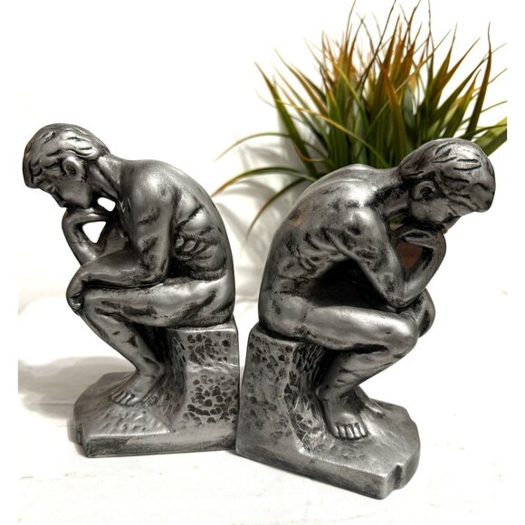 The Thinker Bookends Set Classic Design Silver Finish - Picture 1 of 13